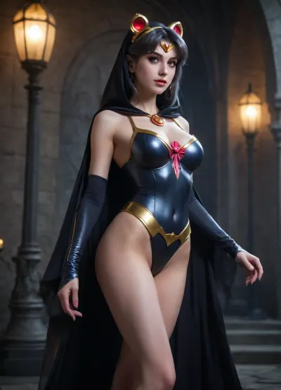 sailor moon, full body, dark, medium breasts, cleavage, 18, young face, slender body, narrow hips, bent over, titcup, armpit, medieval, alluring, dark witch, magic spell, hood, epic pose
