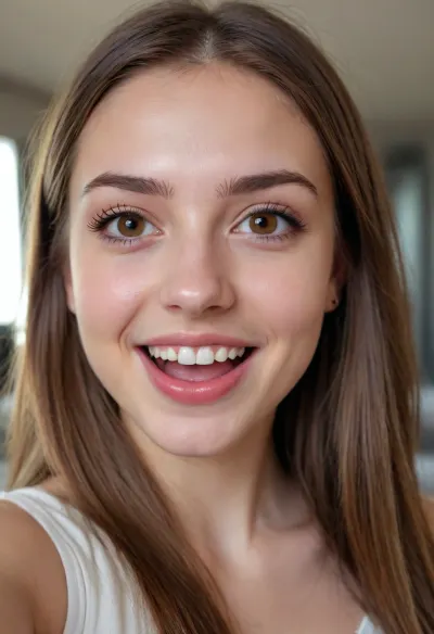 ultra realistic 18 year old young woman, delicate face, light eyes, sweet and feminine smile, long straight brown hair, looking at the camera happily and taking a selfie sitting on the bed with her legs open, showing her pussy, small pussy, pink pussy, pretty pussy, young pussy, touching her pussy with her right hand, showing her breasts, pink nipples, delicate nipples, round and medium breasts