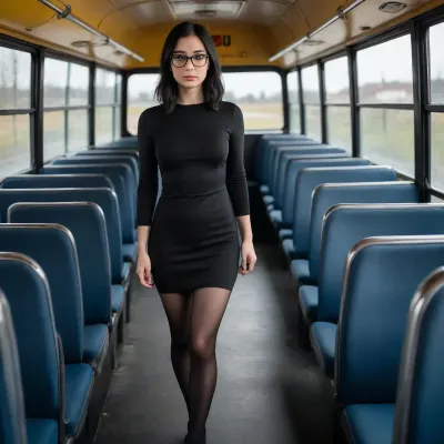 a girl with black hair and glasses is standing on a bus wearing a black tight dress and black tights.