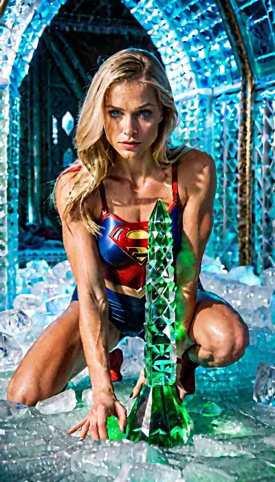 Straight blonde hair, pale blue eyes, thin tanned athletic body, supergirl in the ice palace squatting and fucking a green kryptonite dildo