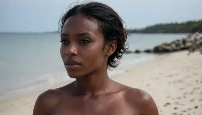 nigirian milf, 30 years old, (very dark skin:1.8), black afro, african face, firm round breasts, nude, seductive smile, brown eyes, beach background, photographers lighting, side view, 4ng3l, face, perfecteyes, professional, portrait, <lora:SDXL_BetterFaces-LoRA_v1:1>, <lora:lora-sdxl-perfect-eyes:1>, <lora:Realistic_People_V1:.9>, <lora:209517_training_data:.8>
