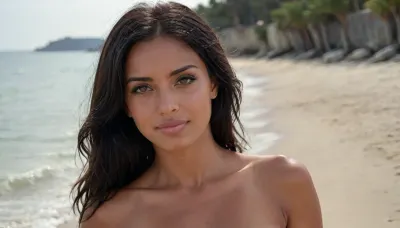 italian milf, 30 years old, black hair, italian face, (tanned skin:1.5), firm round breasts, nude, seductive smile, green eyes, beach background, photographers lighting, 4ng3l, face, perfecteyes, professional, portrait, <lora:SDXL_BetterFaces-LoRA_v1:1>, <lora:lora-sdxl-perfect-eyes:1>, <lora:Realistic_People_V1:.9>, <lora:209517_training_data:.8>