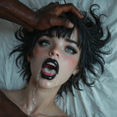 Midjourney, ((interracial)), 32yo, (gothic+pale skin+green eyes+black hair+bangs hair+black eyeliner+black lipstick:1), (black lipstick:1.3), (orgasm+wide open mouth moaning+gasping+arching back+gripping bed sheets+hands clenching bed sheets:1), (pleasure, moaning:1.2), ecstasy, cum dripping from face and body, glistening skin, micro-waist, hourglass figure, (bubble butt), ((small round ass)), assjob, ((random sex position)), (huge cock), man grabbing her head, <lora:BUT_SDXL_SHS:.8>, <lora:MJ52:.8>, <lora:Vivid Midjourney mimic - XL SDXL v2.0:.8>, <lora:Chiaroscuro-v1:1.7>