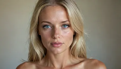 german milf, 50 years old, straight blonde hair, long hair, angel like face, narrow face, high cheekbones, slight overbite, bikini tan, freckles, perfect makeup, firm round breasts, nude, tanned skin, seductive smile, light blue eyes, photographers background, photographers lighting, front view, 4ng3l, face, perfecteyes, <lora:SDXL_BetterFaces-LoRA_v1:1>, <lora:lora-sdxl-perfect-eyes:1>, <lora:Realistic_People_V1:.9>