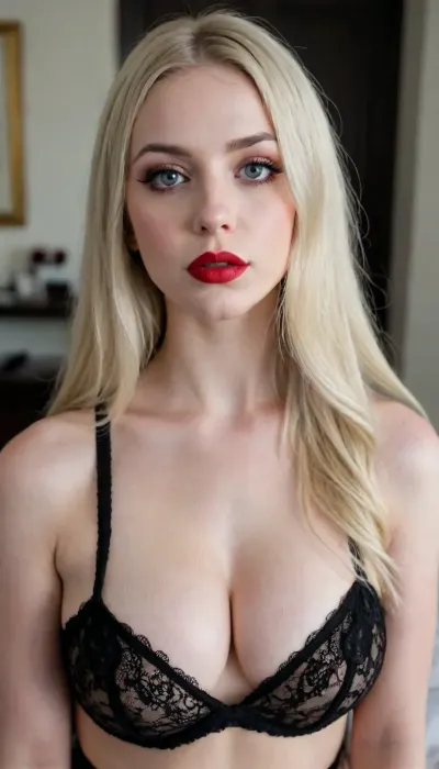 Goth Blonde woman, red lipstik, perfect boobs, Big slut, cute eyes, long hairlashes, black ligerine dress, sucking, cock, crochet, negligee, woman, <lora:xyzgirl-000002:.8>, bikini, underwear, Lace, <lora:Bikini_02_lora:.8>