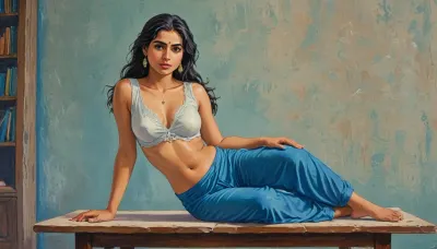 Style, A hand-drawn illustration of an Indian women.

Character, indian women, voluptuous and curvy body type, curvy hip, huge round breast.

Outfit, white colour cotton saree with intricate embroidery, pallu drapped traditionally over shoulder but slightly slid aside, revealing her navel, V-neck blue colour blouse exposing cleavage.

Hairstyle, wet and loose wavy updo hairstyle cascading over her shoulders.

Pose, (left recumbent pose on school table:1.5), arms resting naturally.

Expression, Fierce yet alluring, wide-eyed and slightly parted lips.

Skin tone, light brown skin with very small mole near her hip.

Camera Angle, eye level view emphasizing cleavage and navel. Half body view, (head to hip), .

Accessories, stylish eye glasses, A thin waist chain made of white pearls.

Lighting, Soft dappled white sunlight through window, subtle sheen on skin.

Background, indian school, class room, black board, maths problem written on the board, authentic indian school classroom background, romantic, poetic, artistic, gufeng influence, ink and wash textures, Saree, Indian, ac_neg1, Influencer, Model, j_cartoon, <lora:J_cartoon:1.2>, <lora:Sattar_Bahlulzade:1.8>, <lora:transparent-saree:.8>, <lora:sdxl_vae:.8>, <lora:detailed_notrigger:1>
