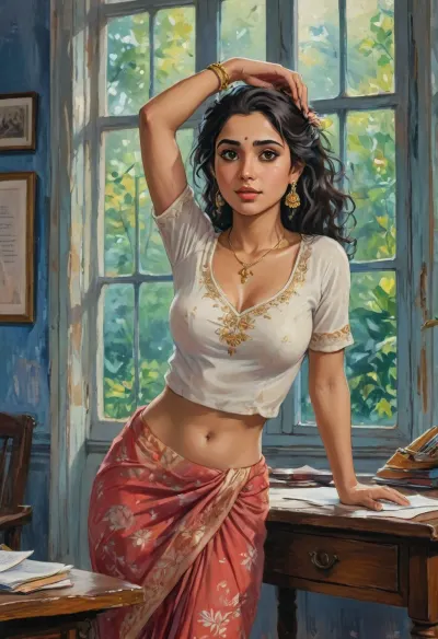 Style, A hand-drawn illustration of an Indian women.

Character, indian women, voluptuous and curvy body type, curvy hip, huge round breast.

Outfit, white with blue gradient colour cotton saree with intricate embroidery, pallu drapped traditionally over shoulder but slightly slid aside, revealing her navel, full hand sleeved V-neck beige colour blouse exposing cleavage.

Hairstyle, Loose wet Curly hair cascading over her shoulders with flower ornaments.

Pose, bend over a school desk, (like she is trying to teach something to the student), student POV, supported with both arms resting naturally on the desk, face facing the viewers.

Expression, mild erotic and teasing face reaction.

Skin tone, light brown skin, completely dripping with water droplets.

Camera Angle, Student POV, eye level view emphasizing cleavage and navel. Half body view, (head to hip), .

Accessories, stylish eye glasses, A thin waist chain made of white pearls, bright red lipstick.

Lighting, Soft dappled white sunlight through window, subtle sheen on skin.

Background, indian school, class room, black board, maths problem written on the board, authentic indian classroom background, romantic, poetic, artistic, gufeng influence, ink and wash textures, Saree, Indian, ac_neg1, Influencer, Model, j_cartoon, <lora:J_cartoon:1.2>, <lora:Sattar_Bahlulzade:1.8>, <lora:transparent-saree:.8>, <lora:sdxl_vae:.8>, <lora:detailed_notrigger:1>