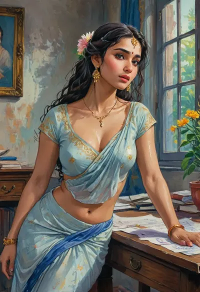 Style, A hand-drawn illustration of an Indian women.

Character, indian women, voluptuous and curvy body type, curvy hip, huge round breast.

Outfit, white with blue gradient colour cotton saree with intricate embroidery, pallu drapped traditionally over shoulder but slightly slid aside, revealing her navel, (full hand sleeved), V-neck black colour blouse exposing cleavage.

Hairstyle, Loose wet Curly hair cascading over her shoulders with flower ornaments.

Pose, the subject is bending forward across the desk directly towards the viewer, (like she is trying to teach something to the student), student POV, supported with both arms resting naturally on the desk, face facing the viewers.

Expression, mild erotic and teasing face reaction.

Skin tone, light brown skin, completely dripping with water droplets.

Camera Agle, POV picture as if the viewer is seated, looking up at the subject bending over the desk, emphasizing cleavage and navel.

Accessories, stylish eye glasses, A thin waist chain made of white pearls, bright red lipstick.

Lighting, Soft dappled white sunlight through window, subtle sheen on skin.

Background, indian school, class room, black board, maths problem written on the board, authentic indian classroom background. Romantic, poetic, artistic, gufeng influence, ink and wash textures, Saree, Indian, ac_neg1, Influencer, Model, j_cartoon, <lora:J_cartoon:1.2>, <lora:Sattar_Bahlulzade:1.8>, <lora:transparent-saree:.8>, <lora:sdxl_vae:.8>, <lora:detailed_notrigger:1>