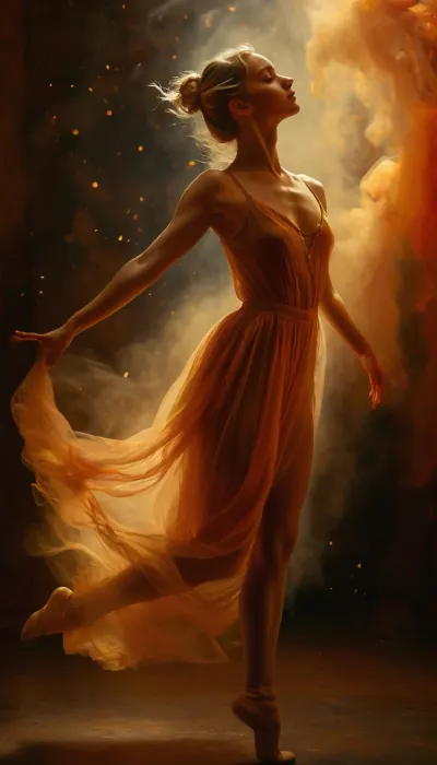 The blonde Ballerina, rendered in captivating oil paint, stands on tiptoe amidst a swirling mist of soft orange and blooming hues, evoking an ethereal, whimsical atmosphere. Her skin glows with a warm golden luminescence. The brushstrokes are bold, expressive and gestural, imbuing the work with a sense of dynamic movement and energy, as if the dancer could leap off the canvas at any moment, capturing the magic of a fleeting performance. Surrounded by much magical glowing dust, flat chested, nipples, <lora:MJ52:.8>
