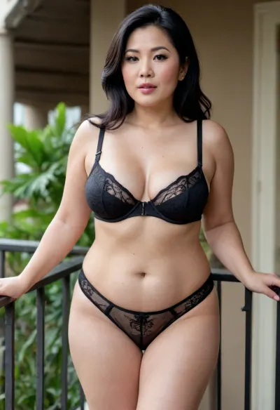 Mature, curvy, chubby oriental housewife, suspenders, crotchless panties, balconette bra, large breasts, wide hips, round belly, old skin, wrinkled, long black hair, stands on the balcony and entices her suitors.