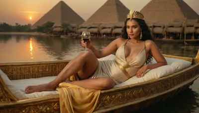 A fictional Nile queen reclining on a gilded lotus barge, diaphanous linen dress slipped to show hip and expose boobs with nipples and beautiful woman legs, also is seductive, heavy kohl, wide gold collar, servants pouring wine, papyrus reeds and pyramids at sunset, lush cinematic luxury.