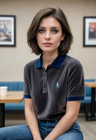 (masterpiece, best quality:1.2), 1 german 40 yo woman, natural beauty, (she wears a dark gray baggy velvet polo shirt, blue jeans, sneekers:1.4), indoors in a supermarket, (raven black chin-length hair:1.2), impure skin on the face, without make-up, bright blue eyes, natural saggy boobs, earrings, (she sits in a break room and smokes a cigarette:1.4), photorealism, smokinglora, <lora:681678_training_data:.5>, <lora:smoking_v2:1.2>