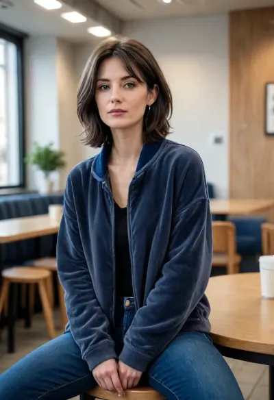 (masterpiece, best quality:1), 1 german 40 yo woman, natural beauty, (she wears a dark gray baggy velvet sweat jacket, blue jeans, sneekers:1.4), indoors in a supermarket, (raven black chin-length hair:1.2), impure skin on the face, without make-up, bright blue eyes, natural saggy boobs, earrings, (she sits in a break room and smokes a cigarette:1.2), photorealism, smokinglora, <lora:681678_training_data:.5>, <lora:smoking_v2:1.4>