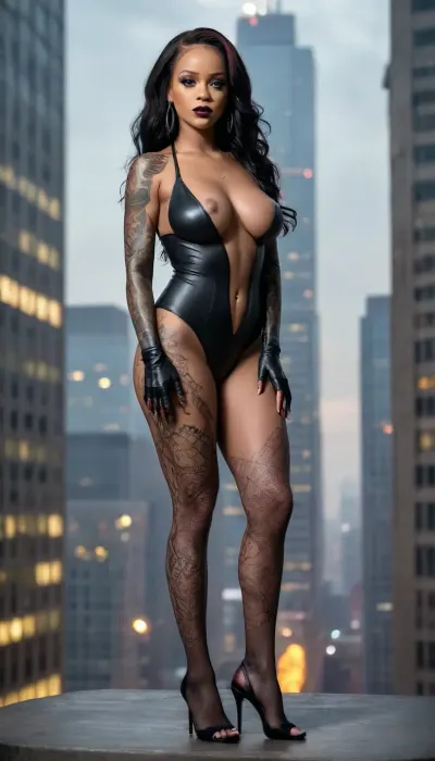 ((((Full frame view of woman show feet, full body visible from toes to head, focus on feet)))), (((100% matching Rihanna face))), toes, open toe high heels, (((Full length professional photography, Full body view of A mesmerizing female 60 years old Venom symbiote with huge boobs and round ass show toes and stunning tattooed long legs))), sculpted with the elegance and allure of a modern-day Aphrodite. Her body is a masterful blend of alien and human, her skin a sleek and shimmering black, adorned with the signature white web-like patterns that dance across her voluptuous curves. Her waist is dramatically thin, accentuating her wide hips and full huge sagging breasts that defy gravity in a tantalizing display of power. Her face is a seductive amalgamation of human and symbiote features, with piercing white eyes and a sinister smile that reveals a massive tongue, unfurled and quivering with anticipation. The tongue extends outwards, a grotesquely fascinating spectacle, reaching almost to her chin, hinting at the creature's insatiable hunger. Her posture is a study in confidence and seduction, one hand resting on her hip while the other is raised, fingers curled as if beckoning the viewer closer. The background is a haze of shadow and neon lights, reminiscent of a bustling city at night, suggesting a world where she is both predator and temptress. Her stance, with one leg bent and her hips pushed out, showcases her form in a pose that is both sexually charged and ready for battle. The symbiote's tendrils sway gently around her, creating an aura of both beauty and menace. She stands on the edge of a skyscraper, the city sprawling below her, as if the world is her playground and she is poised to claim it. The overall effect is a captivating mix of horror and desire, a creature of the night that commands attention and leaves the viewer both intrigued and unsettled., sharp focus, depth of field, 8k photo, HDR, professional lighting, taken with Canon EOS R5, 75mm lens, natural beauty