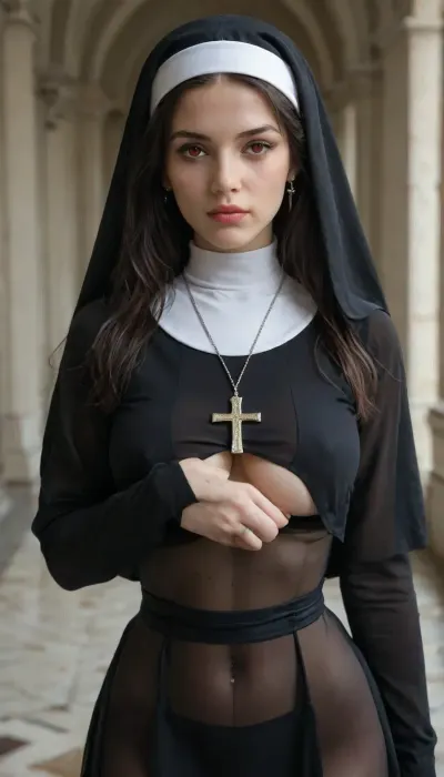 female, black hair, long hair, freckles, red eyes, normal breast, christian cross necklace, earrings, dark nun outfit, black nun veil, nun veil, cleavage, see-through priestess nun maxi dress, minislimwaist, fit woman, underboob, pierced nipples