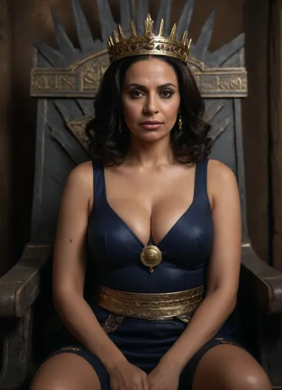 (hyperréaliste), egyptian woman 50-years old, detailed face, sexy queen, cleavage, large breasts, sitting on iron throne
