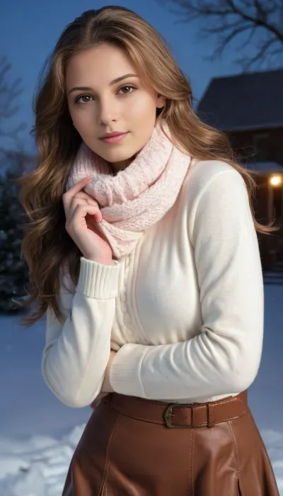 score_9, score_8_up, score_7_up, score_6_up, three-quarter view, ((average girl next door:1.5)), (natural beauty:1.33), beautiful 20 year old woman, athletic model, young adult, gorgeous young looking woman, beautiful, cute, sweet, endearing, charming, model, goddess, realistic detailed eyes, realistic detailed face, realistic detailed skin, stunning brown eyes, fresh face, shy, gentle smile, vivid colors, gentle seduction, pale, perfect breasts, narrow waist, ((extremely long light brown hair)), wearing natural makeup, white sweater, turtleneck, winter coat, brown coat, scarf, pink scarf, pale blue miniskirt, pleated miniskirt, black pantyhose, hands together, winter boots, cowboy shot, outdoors, cold, night, winter, snow, falling snow, upper body, close up, parted lips, blush, steam, depth of field, sharp, high contrast, dynamic light, 3d view, masterpiece, high detail, ultimate realism, photorealistic
