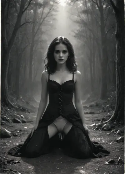 A dark pagan shamaness, captured in a wide cinematic full-body shot, kneeling in a trance within a circle of bones and glowing runes. Her arms are raised toward the sky as if invoking spirits, her body twisting in a ritual dance. She wears tattered leather and fur garments, adorned with feathers, skulls, and talismans, partially torn to reveal pale skin with subtle erotic undertones. Her face is painted with ritual markings, and her long hair is wild, with bones and beads woven through it. The forest around her is filled with fog, crooked trees, and faint silhouettes of spirits watching from the shadows. Stylized as an old retro photograph with film grain, scratches, and noise, in stark black-and-white, with selective crimson accents — glowing runes, her eyes, blood on her hands — creating a haunting Sin City effect, thin skinny white panties with cameltoe, (hard cameltoe), movie frame of in the style sin-city, 01dPh0t0, ((black and white)), photo, dark, shadow, distorted, grainy, film, grain, Victorian, Gustave, Doré, Style, page, <lora:sin-city-sdxl-v1-000050:.3>, <lora:Old_Photo_Style:.9>, <lora:Man_Ray_Subtle_Surrealist_Photography_Style_SDXL-000004:.7>, <lora:Gustave Dore Style:1.8>, <lora:278488_training_data:.6>