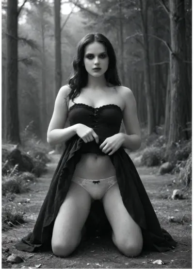 A dark pagan shamaness, captured in a wide cinematic full-body shot, kneeling in a trance within a circle of bones and glowing runes. Her arms are raised toward the sky as if invoking spirits, her body twisting in a ritual dance. She wears tattered leather and fur garments, adorned with feathers, skulls, and talismans, partially torn to reveal pale skin with subtle erotic undertones. Her face is painted with ritual markings, and her long hair is wild, with bones and beads woven through it. The forest around her is filled with fog, crooked trees, and faint silhouettes of spirits watching from the shadows. Stylized as an old retro photograph with film grain, scratches, and noise, in stark black-and-white, with selective crimson accents — glowing runes, her eyes, blood on her hands — creating a haunting Sin City effect, thin skinny white panties with cameltoe, (hard cameltoe), movie frame of in the style sin-city, 01dPh0t0, ((black and white)), photo, dark, shadow, distorted, grainy, film, grain, Victorian, Gustave, Doré, Style, page, skirt, lift, <lora:sin-city-sdxl-v1-000050:.3>, <lora:Old_Photo_Style:1.7>, <lora:Man_Ray_Subtle_Surrealist_Photography_Style_SDXL-000004:1>, <lora:Gustave Dore Style:.5>, <lora:skirtLift:1.2>