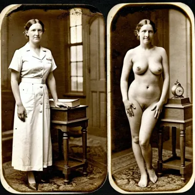 1920s, (((1920s beautiful female nurse))), amateur model, beautiful face, amateur photo, brunette hair, milf, (45 years old:1.6), (((picture taken with Daguerreotype camera:1.5))), (small natural saggy boobs:1.1), natural boobs, (hairy pussy:1.4), (full body in view), straight hair, ponytail hairdo, (same person, same pose, same angle), (2Split screens, 2split views, onoff:1.2), <lora:OnoffXL_ExtraCrispy:1.2>