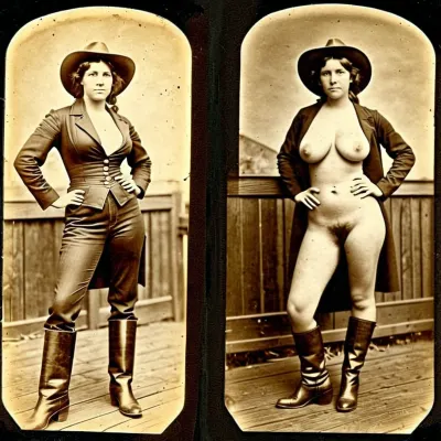 1920s, (((1920s beautiful female welder))), amateur model, beautiful face, amateur photo, brunette hair, attractive, 35 years old, (((picture taken with Daguerreotype camera:1.5))), (large natural boobs:1.1), natural boobs, (hairy pussy:1.4), (full body in view), straight hair, ponytail hairdo, (same person, same pose, same angle), (2Split screens, 2split views, onoff:1.2), (wearing 1870s cowgirl outfit), (western town background), BREAK, <lora:OnoffXL_ExtraCrispy:.7>