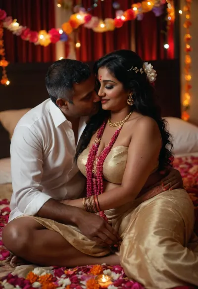 deep cleavage, looking at camara, (mature 40 yo milf South Indian mother:1.3), (and mature built 50 yo indian 1man:1.4), fat chubby, wearing a traditional sleeveless white and red lining bengali bride sari, thick hands full bengali bride heavy makeup, massive huge bust breasts, straight long black hair, (brown skin), pudgy tummy, very wide hips, gajra jasmine flowers strands in hair decoration, full length view, relaxing sitting on a bed both legs bent on bed shy seducing, she sitting on his lap romantic lovers at bed headboard, honeymoon room full of flowers colourful petals on bed, flowers garland strings hanging around bed, neon lights, exotic motel room, night, closeup, saree, <lora:bridal_saree:1>, <lora:style_lora_realis:.5>, bengali, bridal, look, <lora:lora (9):.8>