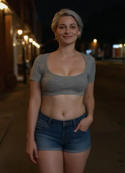 30 year old woman, British American, fit, pale skin, no makeup, tired, ((very detailed and realistic skin)), ((signs of weight loss like loose skin and stretch marks)), smiling, dimples in cheeks, straight dyed silver hair, ((crop top shirt and short blue jean shorts)), realistic hands, curvy, ((very sagging breasts)), deflated breasts, ghost nipples, very puffy engorged nipples, hanging breasts, standing on a sidewalk at night