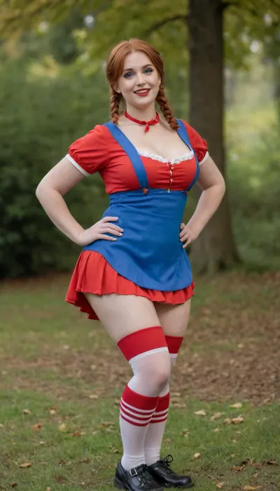 Curvy girl, age 21, posing in a Pippi longstocking costume in Switzerland, stockings and shoes, large bust, open neckline, wide hips, mini skirt, attractive legs, full focus, professional photo, 4k, beautiful, 30mm lens, 1/250s, f/2.8, ISO 100, realistic, high resolution, high detail, hyper-realistic, photorealistic, aesthetically pleasing