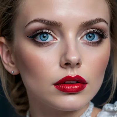 UHD, photo realistic, pale skin, detailed skin texture, (low angle view, closeup head-shot), desperate, helpless, expression of sadness and pain, beauty on instagram., (Focus on her highly intricate, intense, detailed blue eyes, hyper realistic, detailed long eyelashes, finely detailed), her face is a canvas for elaborate, eye-catching make-up design. make-up gothic dark art. glossy red injected lips. she is perfectly styled. elegant, glamorous, arrogant. she is looking straight at the camera, light focus on eyes, backlit