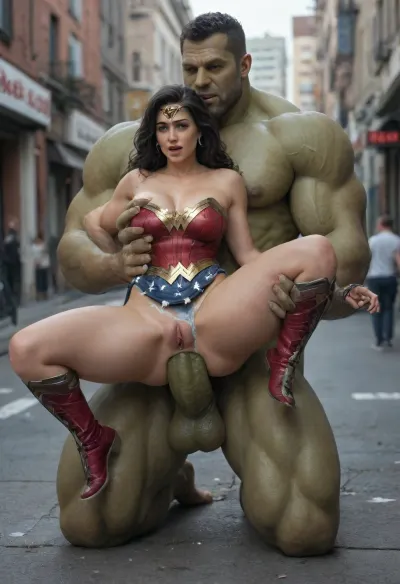 Massive Incredible Hulk, massive green equine hyper-cock, Wonder Woman, torn clothing, superhero, hardcore, rough sex, anal, on a decimated City Street, massive hyper-cock, full body View, lifting Wonder Woman legs are wrapped around Hulk's waist
