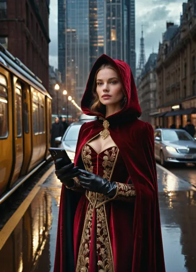 A noblewoman in an intricately embroidered Renaissance gown—crimson velvet with gold-threaded sleeves and a tightly laced bodice—standing amidst the gleaming glass and steel of a modern cityscape. Her elaborate French hood frames a face of composed elegance as she gazes upward, dwarfed by towering high-rise buildings that reflect storm clouds. Rain-slicked pavement mirrors neon signs advertising luxury brands, while hurried commuters in sleek coats blur past her, oblivious. In one gloved hand, she holds a folded parchment sealed with wax, in the other, a smartphone glows faintly. An ornate carriage wheel, half-submerged in a puddle near a subway grate, hints at her improbable arrival., NEGATIVE_HANDS