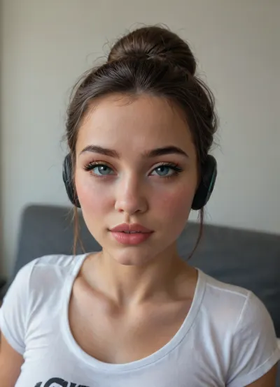 Kiriko, beautiful young adult, gorgeous, cute, extremely sexy face, (sensual eyes:1.5), seductive eyes, (most beautiful eyes:1.2), (sexy eyes:1.6), (upturned eyes:1.5), (seductive eyes:1.5), protruding eyes, (very bright grey eyes:1.2), perfect female face, beautiful female model, smoky makeup, (perfectly shaped lips:1.3), full lips, round cheeks, short chin, (small cute nose:1.1), slim neck, horny expression, happy, (looking at viewer like a satisfied flirtatious slut:1.2), on set of photoshoot, (tanned:1.3), (messy bun:1.8), headphones, (gamer girl t-shirt:1.2), athletic, tight body, sixpack, muscular abdomen, midriff, muscular thighs, muscular ass, small tight ass, perfect round ass, very small erect nipples, (huge natural perfectly shaped breasts larger than head:1.5), thigh gap, (smooth pretty tidy godpussy:1.4), spreading legs, (looking at viewer:1.6), (game screen in background:1.4), close