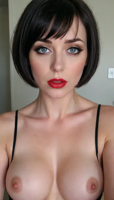 NSFW selfie taken while sexting, seductive stare, black micro bob with blunt bangs, sexy goth milf, blue eyes, big tits, red lipstick and black eyeliner, org4smic, <lora:org4smic_sdxl:.8>