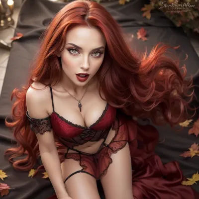 Realistic Beautiful romanian woman, on knees looking up at viewer, view from above, extremely long sharp vampire fangs, vampire, wearing whore vampire queen dress, bright red autumn red hair, lots of hair, sexy vampire eyes, seductive look, on knees facing viewer, looking up at viewer, mouth opèn showing sexy very long vampire fangs, orgasm face, perfect face, perfect mouth, beautiful, stunning, elegant, slutty.