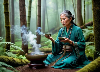 (masterpiece, best quality, high resolution, photorealistic:1.2), (ultra detailed, intricate:1.1), An elderly Asian shaman kneeling in a mist-shrouded bamboo forest, her weathered hands hovering over a bed of luminous moss as faint, serpentine wisps of turquoise spirit energy coil upward from the ground. She wears indigo-dyed hemp robes embroidered with faded celestial symbols, her silver-streaked hair braided with crow feathers and dried medicinal herbs., ((holds a ceramic bowl with smoldering wormwood in her hands)), (its smoke intertwining with the forest mist as translucent:1.6), owl-faced nature spirits materialize among the bamboo stalksвЂ”their forms woven from dappled sunlight and vapor, watching her with eyes like liquid amber. Rain-soaked ferns bow around her bare feet, and the blurred canopy above filters light into fractured emerald shafts that catch the rising spirit trails.