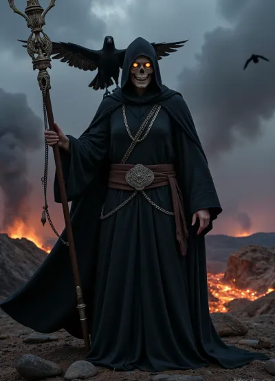 Given the image, here are the detailed prompts for Stable Diffusion, **Positive Prompt, ** ```, (grim reaper), ((death)), (skeletal face, glowing eyes inside hood:1.2), (full body shot), (dark hooded cloak, flowing fabric:1.3), standing proudly, (intricate staff with chains and crucifix details:1.1), (majestic raven with outstretched wings:1.2), perched on shoulder, (dark ominous sky, thunderclouds:1.15), (dramatic lighting:1.1), (cinematic atmosphere), (fantasy art, digital painting:1.3), (volcanic landscape, molten lava ground:1.1), glowing embers, flying ravens in background, depth of field, highly detailed, sharp focus, octane render, unreal engine, masterpiece, best quality, ultra high resolution, dynamic pose, dark fantasy, epic scene, highly detailed robes, intricate chains.
