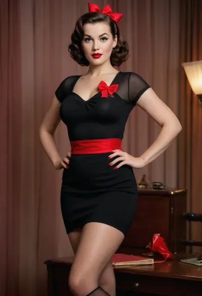 photorealistic 1950s pin-up woman, age 30, curvy figure, glowing skin, classic makeup, winged eyeliner, bright red lipstick, vintage waves hairstyle with bold bow, fitted retro top, subtle neckline, high-waisted pencil skirt, sheer back-seam stockings, elegant high heels, sensual playful pose, confident charming expression, retro 1950s background, cinematic soft lighting, ultra-detailed, 8k, high resolution, realistic skin texture.