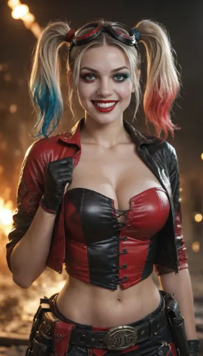multicolored hair, makeup, twintails, (open mouth:.8), teeth, (smile:.8), goggles on head, belt, pants, black gloves, corset, holster, open cropped jacket, navel, cleavage, standing, upper body, nighttime, explosion, (insanely detailed, beautiful detailed face, beautiful detailed eyes, masterpiece, best quality), solo, harleyquinn, 1girl, blonde, Harley, Quinn, scary, large, breasts, big, boobs, huge, tits, <lora:Halloween Series_ Harley Quinn_epoch_10:.8>, <lora:bombshell_v2:.8>