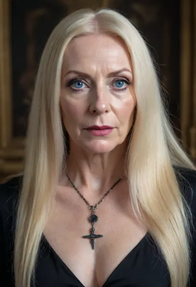 70 year old British woman, pale skin, middle-aged skin, fit middle-aged body, freckles and stretch marks, long straight dyed blonde hair, heavy makeup to attempt to look younger, wrinkles, blue eyes, satanic revealing clothing, skintight black revealing clothes, occult fashion, occult style, satanic appearance and background, witch fashion