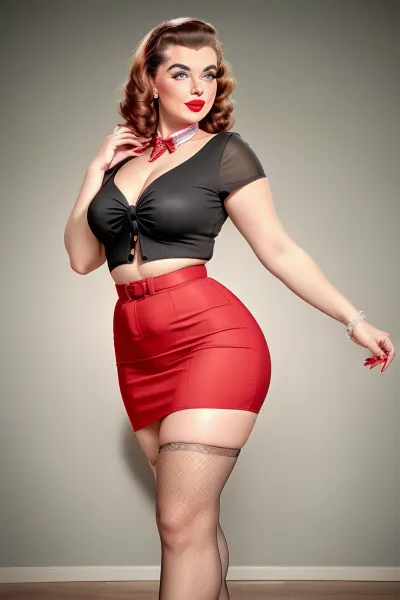 photorealistic 1950s pin-up woman, age 30, curvy figure, glowing skin, classic makeup, winged eyeliner, bright red lipstick, vintage waves hairstyle with bold bow, fitted retro top, subtle neckline, high-waisted pencil skirt, sheer back-seam stockings, elegant high heels, sensual playful pose, confident charming expression, retro 1950s background, cinematic soft lighting, ultra-detailed, 8k, high resolution, realistic skin texture.