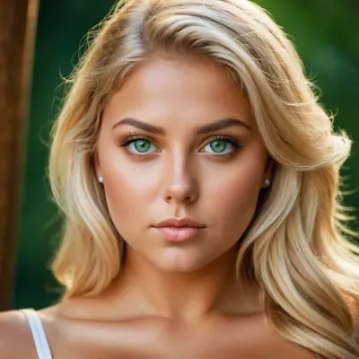 Beautiful chubby blonde, tanned, pretty face, big green eyes