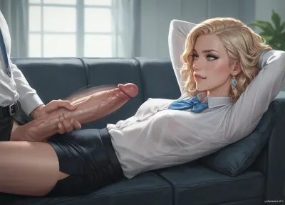 1boy, 1girl, side view, score_9, score_8_up, score_7_up, man laying on sofa in psychologist office, hands behind his head, huge dick, girl in unbutonned blouse are jerking of his cock, handjob, fast strocking, motion blur, biting her own lips