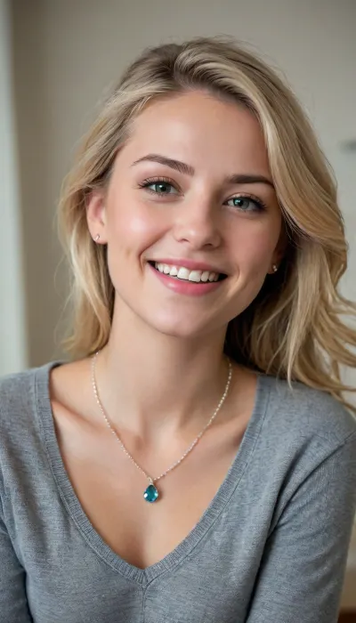 19 yo, ((Norwegian girl)), cute, slender, not so tall., The face has a soft, oval shape with smooth, youthful skin and delicate features. The long hair is thick, and wavy, tussled, with very light, almost platinum blonde strands near the front that blend into a warmer golden blonde toward the ends. It is loosely pulled back behind the ears, with a few free strands framing the face naturally. The eyes are light green or hazel, almond-shaped, and bright, framed by medium-thick, slightly arched eyebrows that are darker than the hair. The nose is straight and slender, with a soft bridge and a gently rounded tip. The mouth features full, softly curved lips in a natural pink tone, shaped into a relaxed, closed-lip smile that conveys friendliness and warmth. The skin tone is fair and radiant, with a natural rosy flush across the cheeks and nose, giving a fresh, clean appearance. Small blue gemstone stud earrings and a delicate necklace with a cursive name pendant add subtle detail. The expression is happy, warm, inviting, and playful, with the head tilted slightly to one side for an approachable and relaxed look., she has a happy expression, (she is wearing a shirt . Her boyfriend is standing behind her kissing her neck and feeling her body from behind her back. Her jeans and panties are pulled down to reveal her hairy vagina), Her vagina is the center of the image, and, (((she is facing forward))), .she is in her bedroom. She is slim . The man’s eyes are closed . He is pajama pants and a sweater. He has short hair, She has a very long pearl necklace, prominent circular earrings, perfect teeth, slender figure detailxl