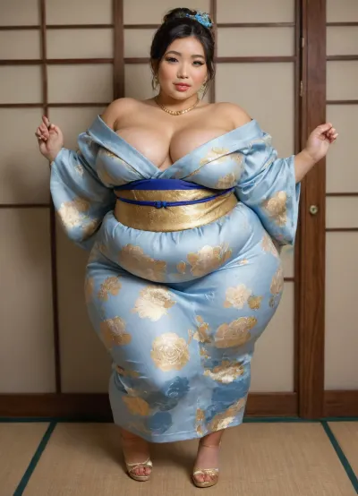 (Location is a very luxury Japanese room), (Full body view:1.2), very overweight 20 year old Japanese girl, ((Asian Japanese girl:1.5)), incredibly thick voluptuous body, luscious curves, very chubby girl, very fat girl, ((gluttony)), ((morbidly obese:1.2)), ((fat creases)), ((fat rolls)), very chubby belly, wide body, insanely chubby, ((extremely thick chubby thighs)), very beautiful face, ((fat chubby face:1.5)), ((chubby neck with fat creases:1.3)), ((double chin:1.4)), ((chubby cheeks:1.4)), big fat thighs, very large fat ass, (highly detailed thick lips:1.3), nevertheless white skin tone, very pale skin, (standing model posing), (contemptuous look), very black hair, (Japanese hairstyle:1.3), dark makeup, (club makeup, bimbo makeup), matte bright lipstick, (gold jewelry:1.5), expensive gold necklace, large gold earrings, (petite breasts), (wearing a very beautiful traditional Japanese kimono dress in blue with slightly golden details:1.6), high heels, (highly detailed face:1.2), fat, <lora:attractive_notrigger:.8>