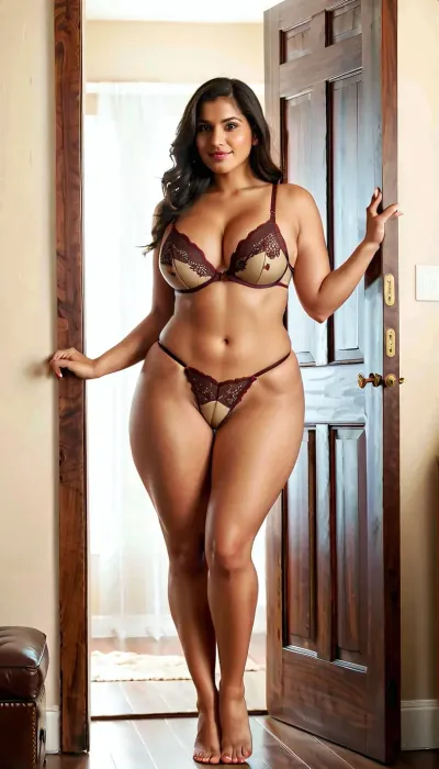 Indian woman, curvy figure, standing in doorway, light, dark brown lace lingerie, beige bra with dark lace embroidery flowers, black lace g-string with matching straps, long dark brown hair, smiling, slightly posed, doorway with a light brownish-red wooden door, room interior, soft lighting, impressionistic style, slightly exaggerated features, hyperrealistic skin, focus on curves, warm toned colors, subtle glow., plump, skindentation, chubby, bbw, venus, body, big, breasts, ass, <lora:milkers_v2:.5>, <lora:Chubby BBW - XL:.5>, gstr, <lora:gstr:.8>