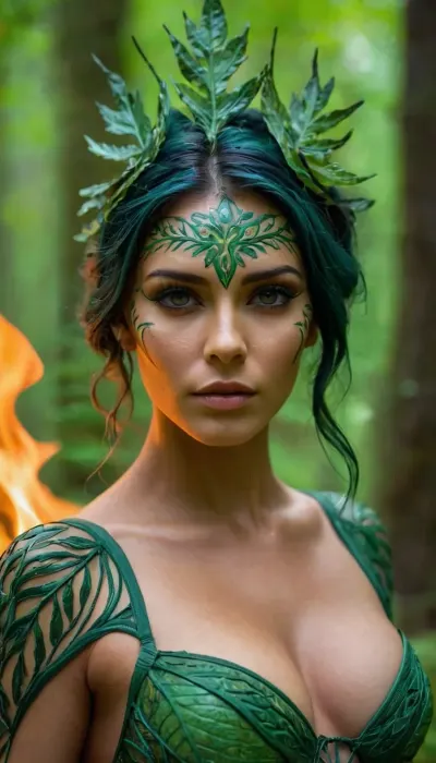 nude girl in her twenties, Sylvari, (((green skin))), intricate leaf pattern, burning red eyes, flames comming from the eyes, bioluminescence, (leaves for hair), druidic wizard staff in hand, shamanic clothes, wild, firece expression, dense magical forest, realistic, photography, hyperrealism, Leaves_Fantasy, <lora:1431512_training_data:.5>