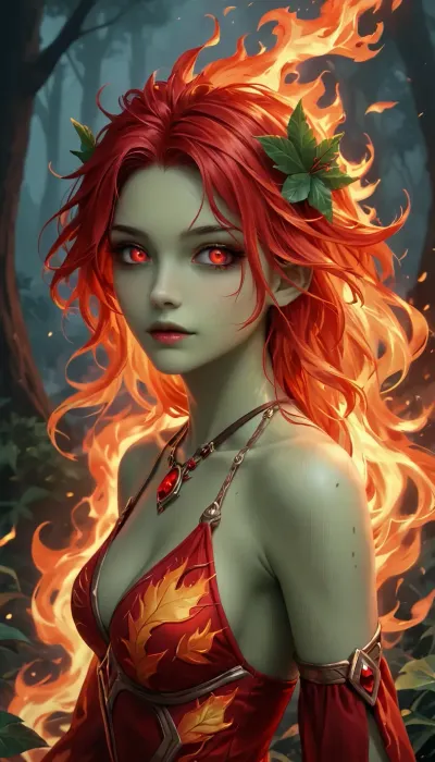 nude girl in her twenties, Sylvari, (((deep green skin))), intricate leaf pattern, ((burning red eyes)), ((fire elemental eyes, only eyes on fire)), (leaves for hair), shamanic clothes, wild, firece expression, dense magical forest, photograph, Leaves_Fantasy, Infernal, style, <lora:1431512_training_data:.8>, <lora:InfernalStyleXL-000006:.6>