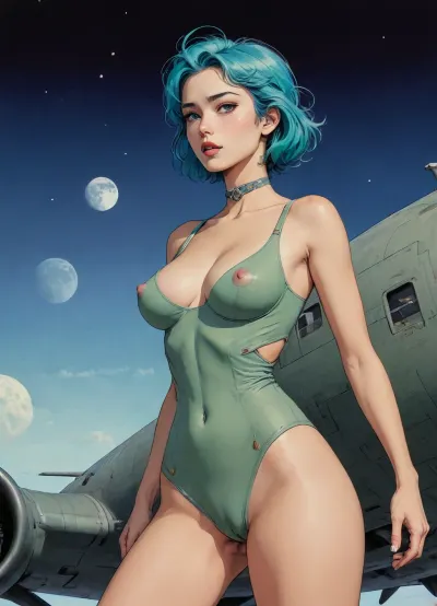 score_9, score_8_up, score_7_up, source_anime, painting of a pinup on the side of a B-29 bomber, (A detailed drawing with clean lines and meticulous shading, perfect eyes, flat colors, line art, no gradients, blue and green palette), realistic anatomy, night, moon, Moebius, detailed face, (Jean, Giraud), page, lineart, <lora:Moebius (Jean Giraud) Style:.7>, <lora:lineartSDXL:.7>
