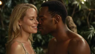 A blond man kisses the large penis of a well-built black African, a blond woman strokes his head and smiles softly, fanju, Jungle by night, FRESHIDEAS, Real, Photography, 2#, 4ng3l, face, <lora:MJ52:.9>, <lora:FRESHIDEAS Real Photography 2#:.4>, <lora:SDXL_BetterFaces-LoRA_v1:.8>