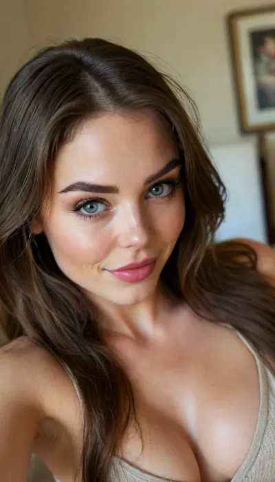 ziprealism, (Instagram model, lean fitness body, powerful athletic build, muscular shoulders, intimate esthetic, sensual pose:1.4), (sensual suggestive smirk, playful expression, wry grin, mischievous beauty, raised eyebrows, large expressive eyes:1.8), (large perky breasts, pale breasts, tan lines:1.2), (warm romanw lighting, flickering shadows, shallow depth of field, strong saturation, vintage analog lens, focus on eyes:1.4), (goosebumps, vellus hairs, freckles, perfect eyes, vibrant eyes:.4), (simple straighthairstyle, long rich brunette hair, center-part hairstyle, loose straight hair:1.4), (natural skin texture, maximum quality skin texture, RAW photography, uncompressed), (cozy bedroom, larger comfortable bed), <lora:style_lora_realis:.8>, igbaddie, <lora:igbaddie-XL:.4>